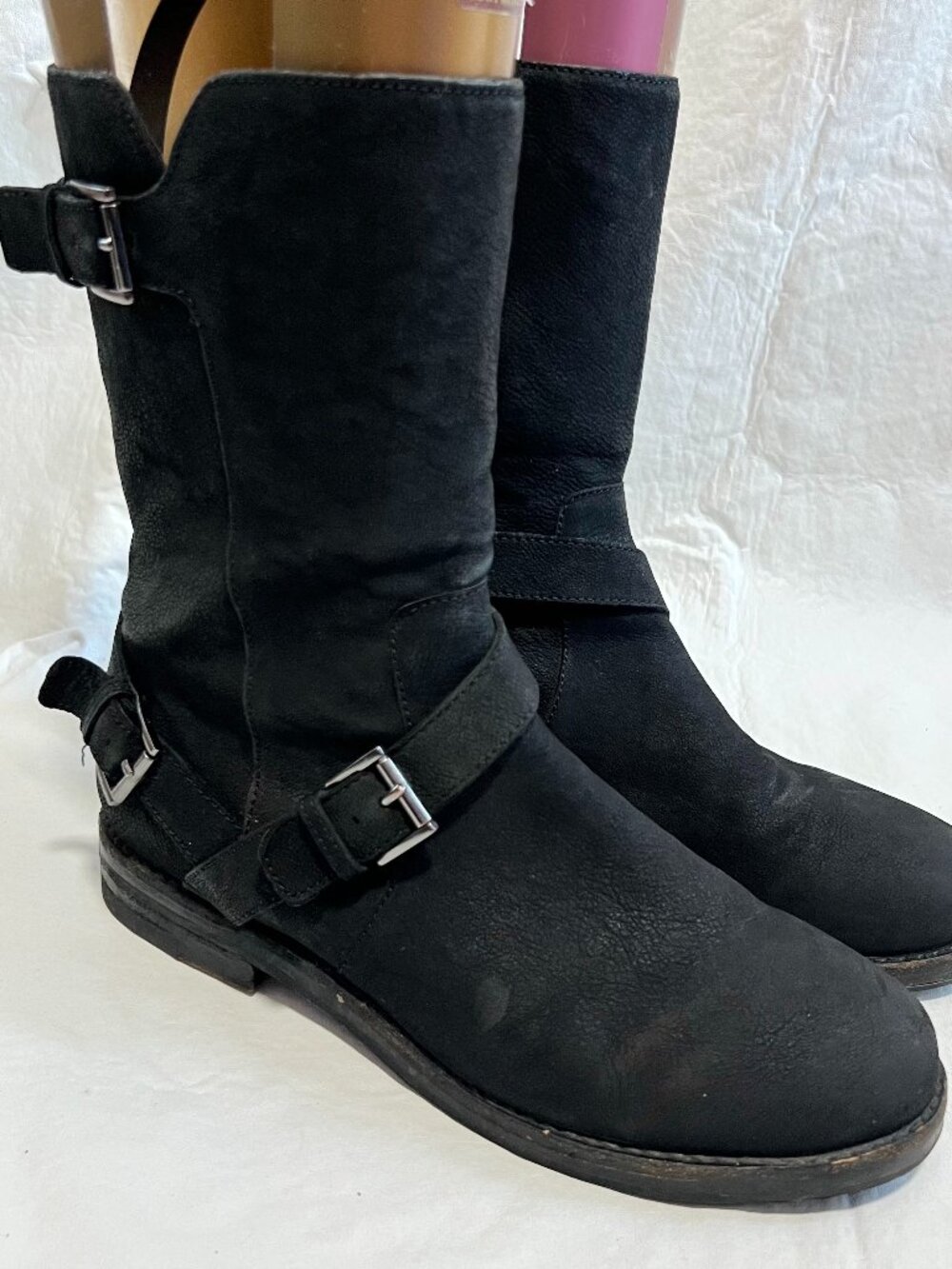 Eileen Fisher boots black leather Log size 8 womens mid calf zip up moto biker